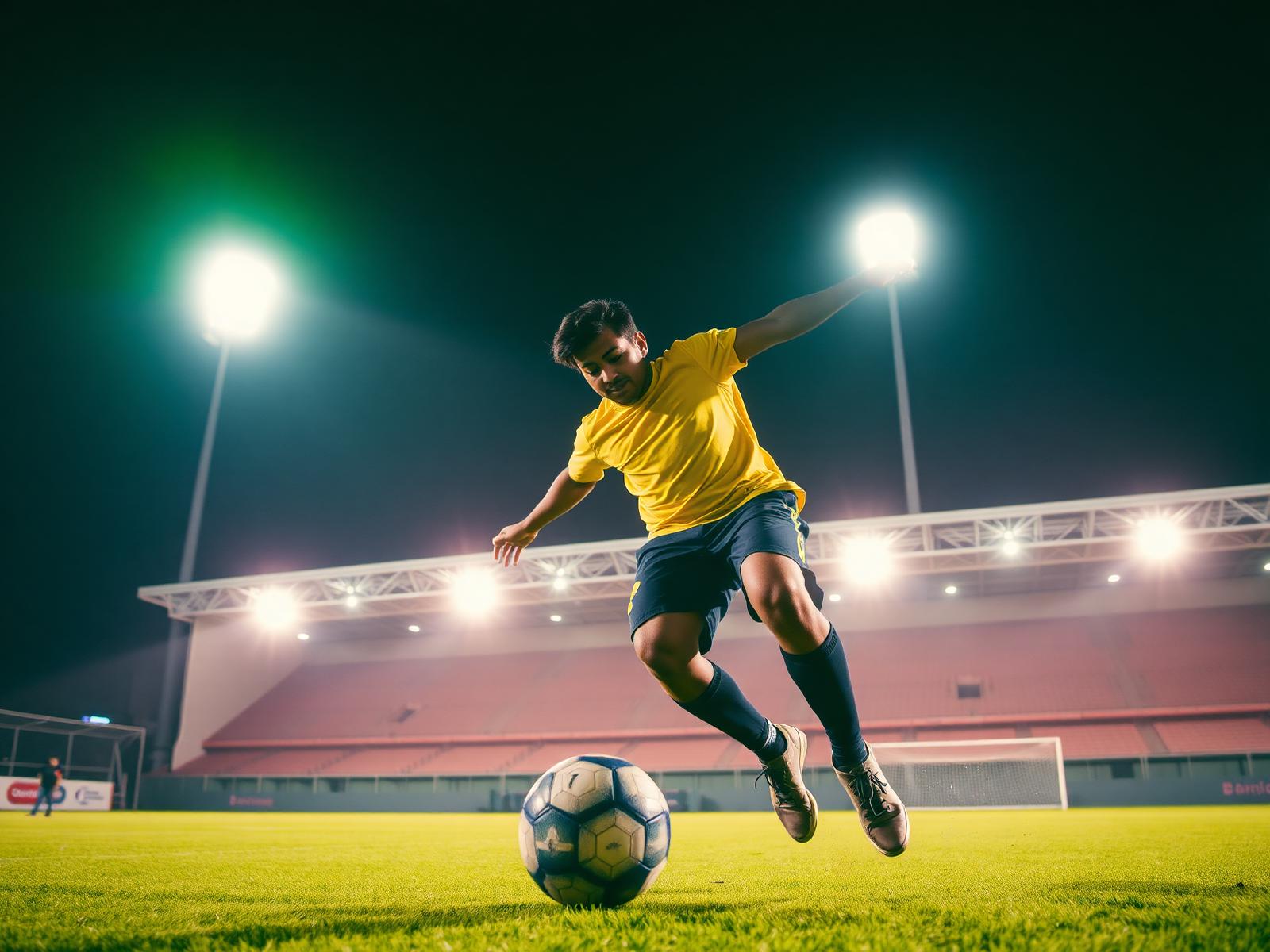 Football player striking on a floodlit urban turf